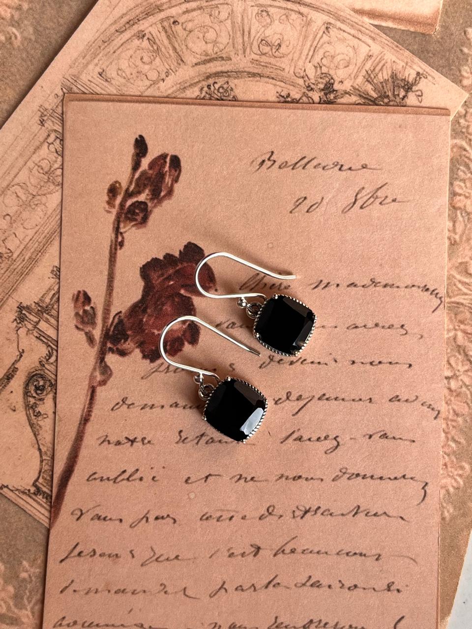 Black Onyx Vintage Cushion Cut Silver Earrings