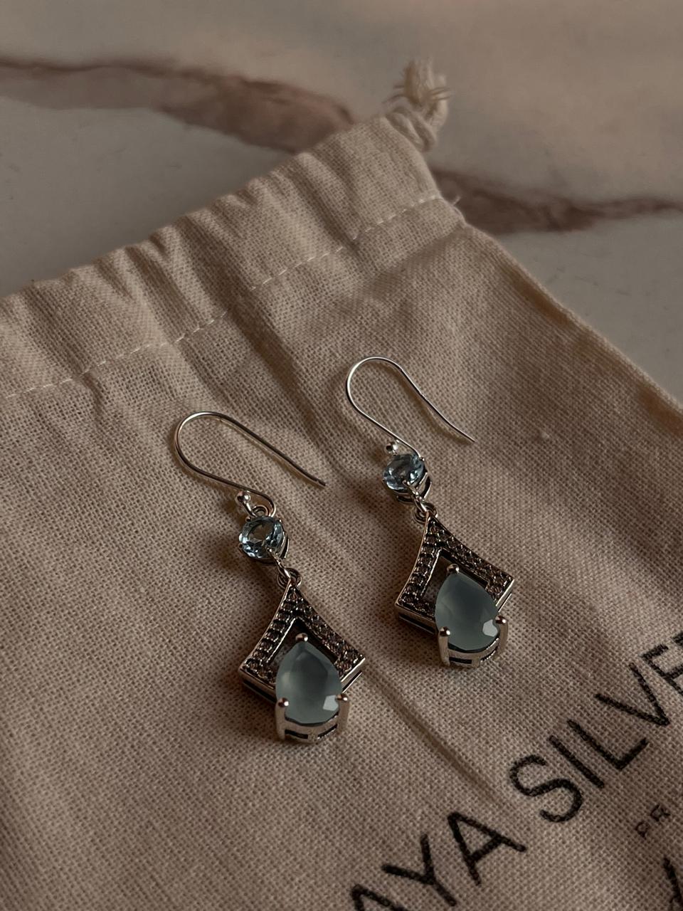 Timeless aqua chalcedony pear cut and blue topaz silver earrings.