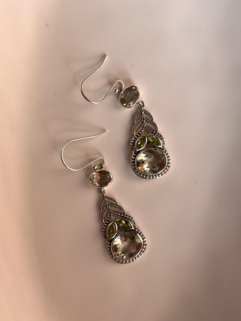 Elegant Peridot and Green Amethyst Vintage Earrings in Silver