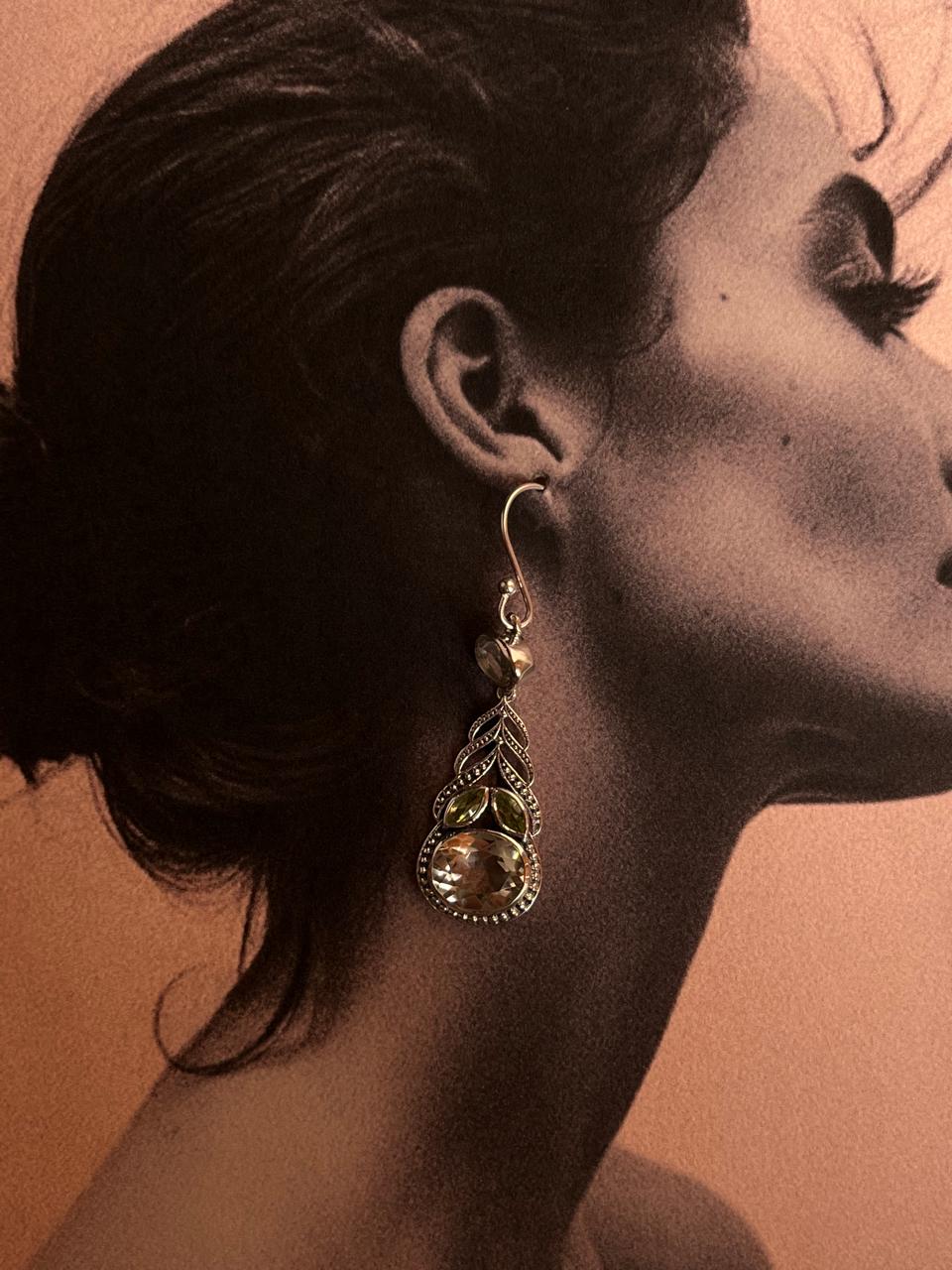 Vintage Style Peridot and Green Amethyst Silver Earrings