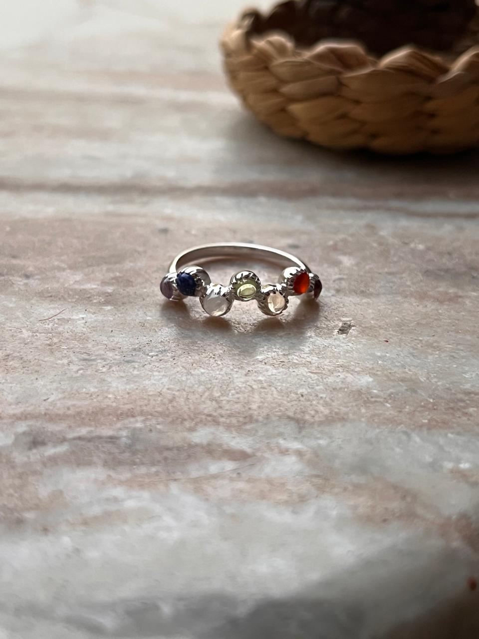 Colorful seven chakra band ring in sterling silver