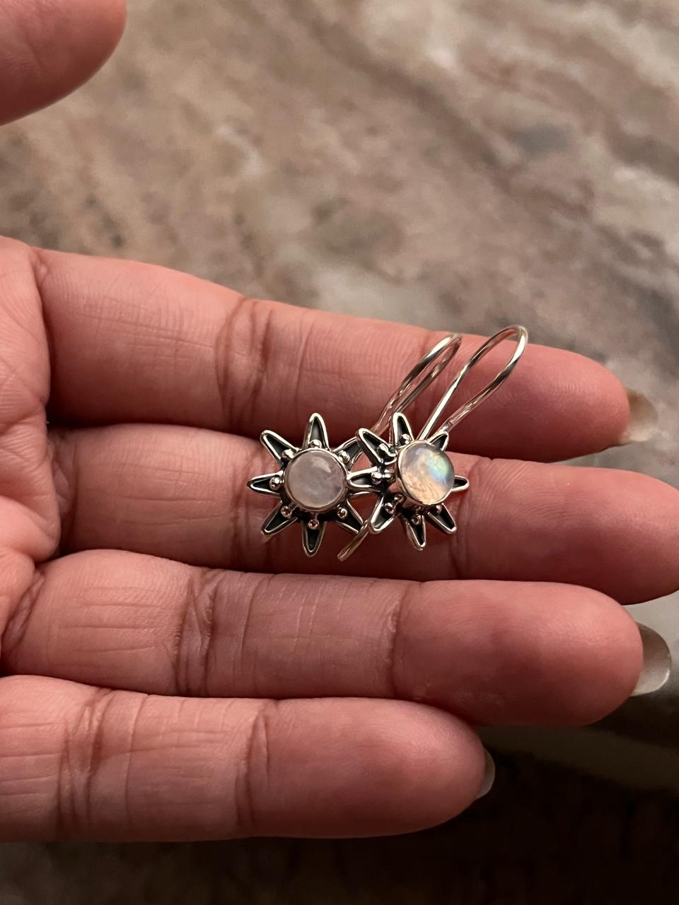 Moonstone Big Sunflower Silver Earrings with Intricate Detailing