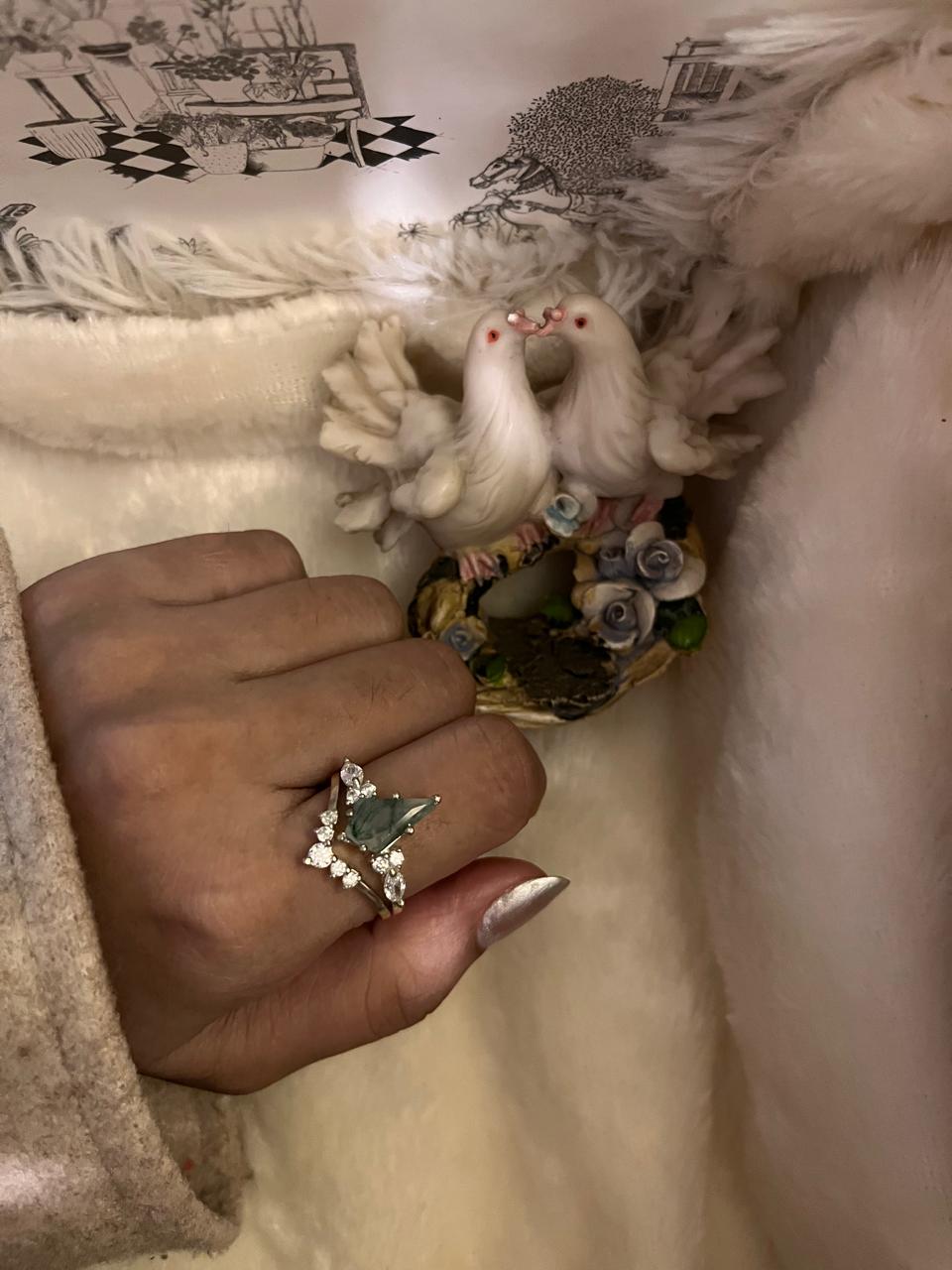 Moss Agate Silver Stack Ring Set for Statement Look