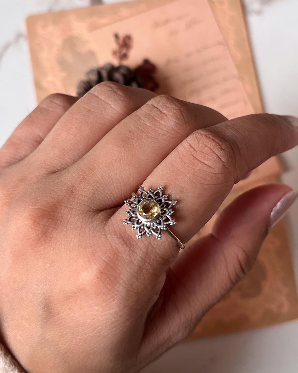 Citrine Flower Silver Ring