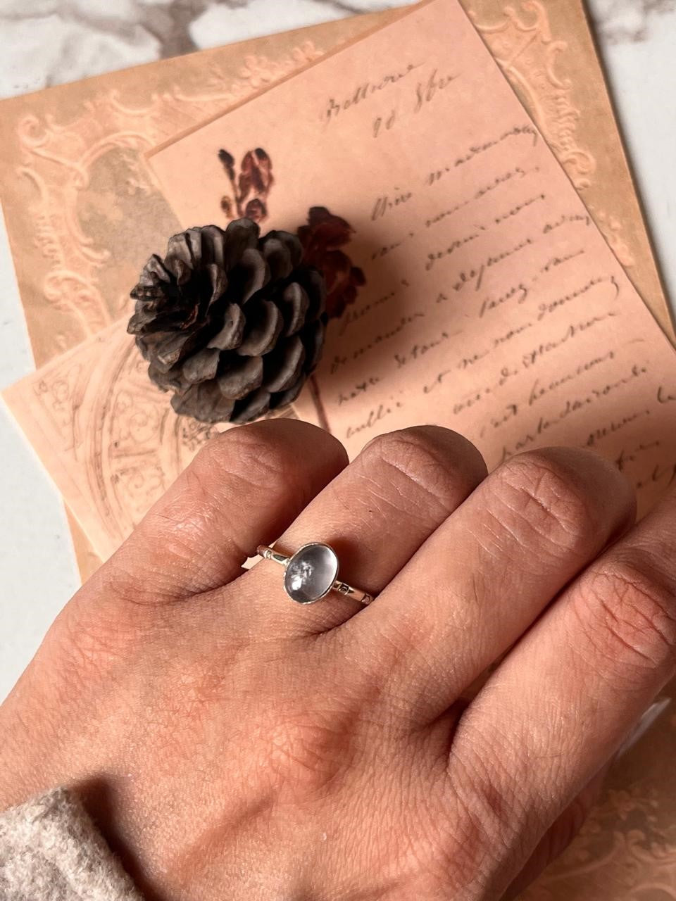 Rose quartz oval tribal engraved adjustable silver ring