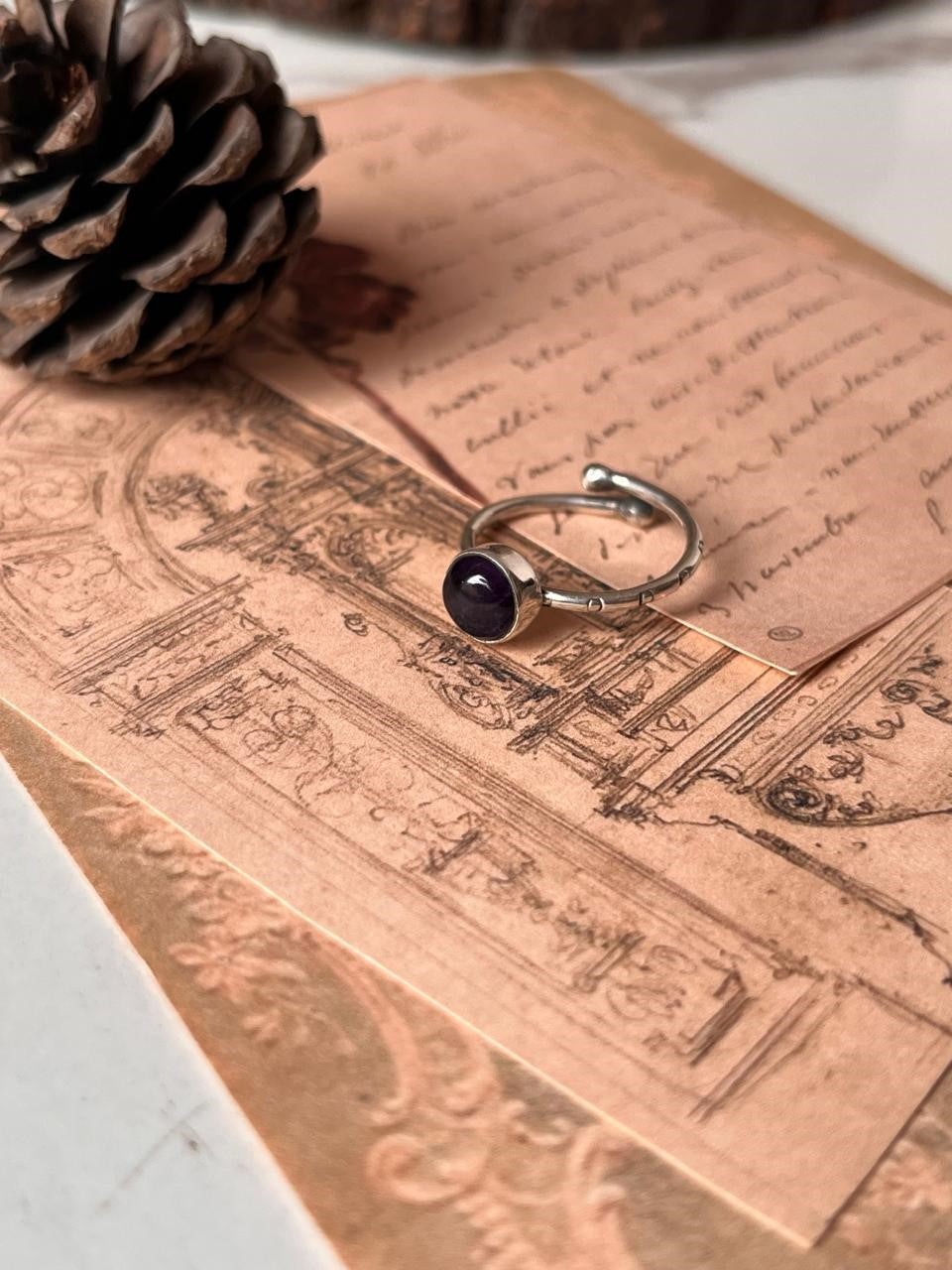 Amethyst Round Gemstone in Tribal Engraved Adjustable Silver Ring