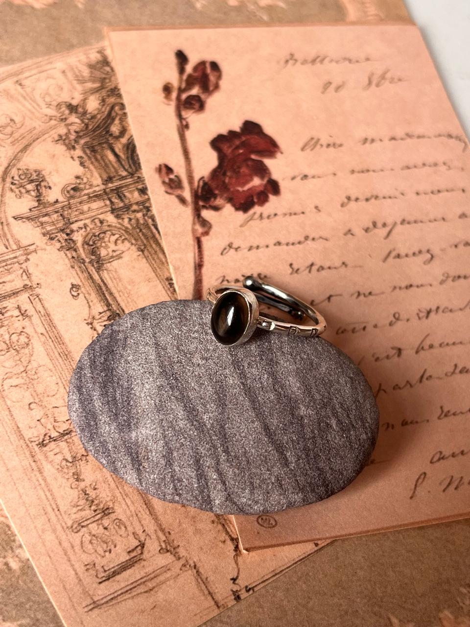 Unique adjustable silver ring with smokey quartz and tribal pattern