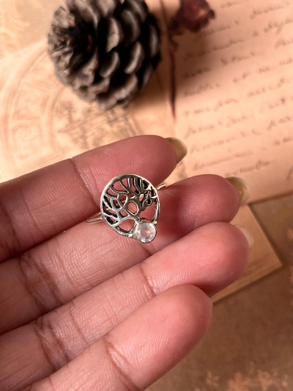 Sterling Silver Ring with Moonstone Tree of Life Design