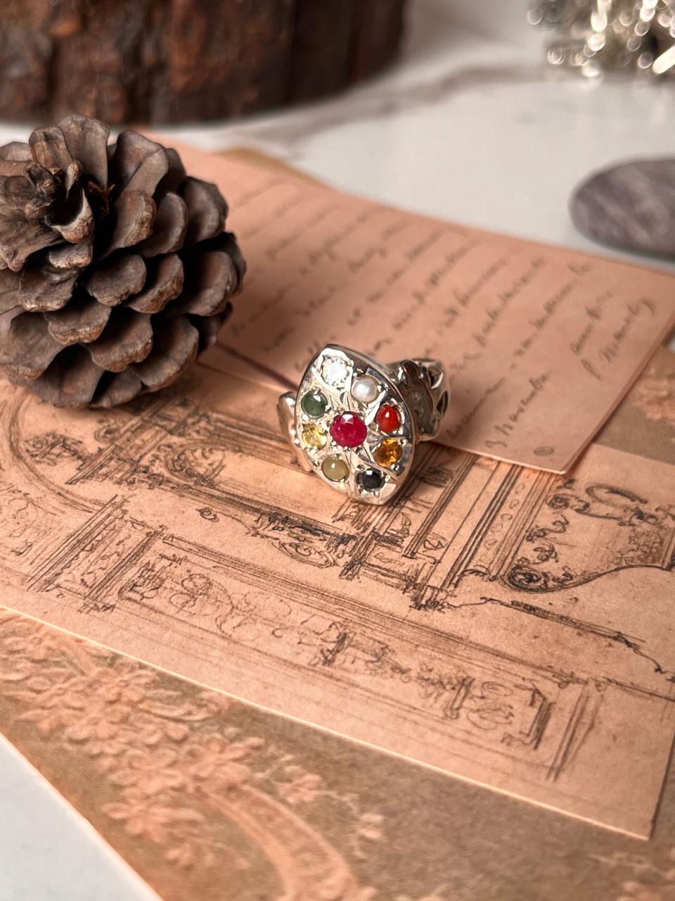 Bohemian Navratan Silver Ring with Nine Stones