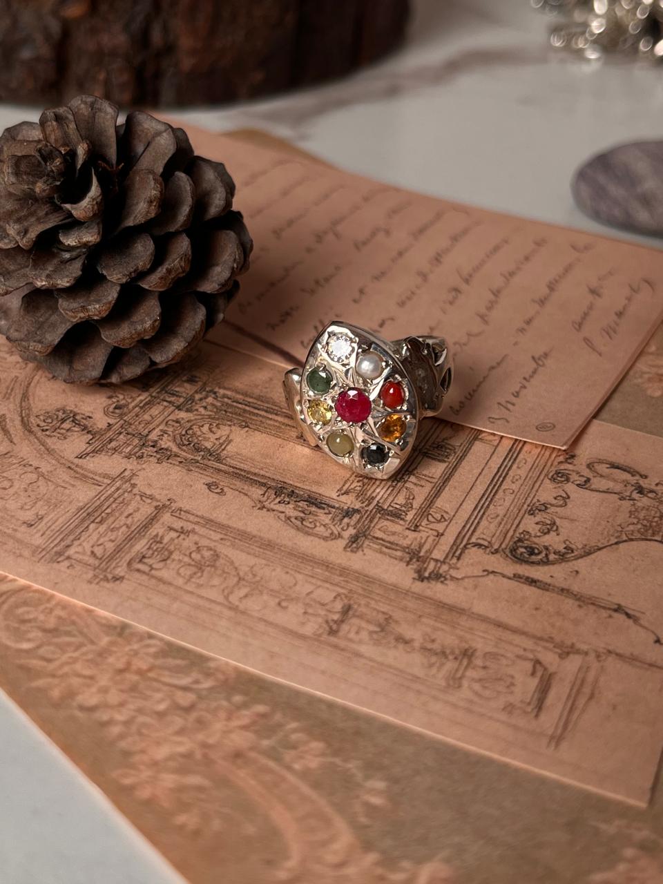 Silver Navratan Ring with Boho Design and Colorful Gemstones