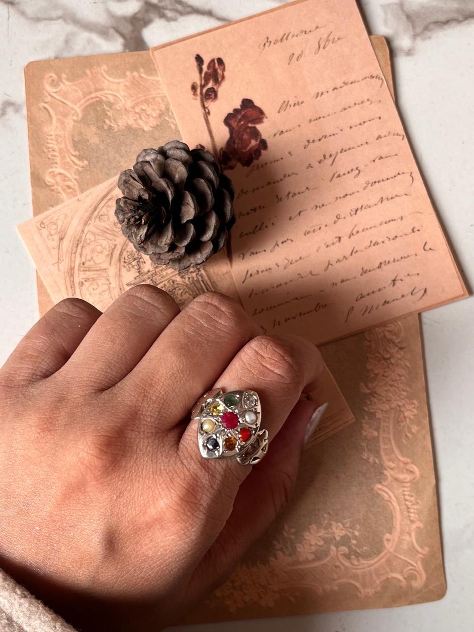 Boho-Inspired Navratan Ring in Silver