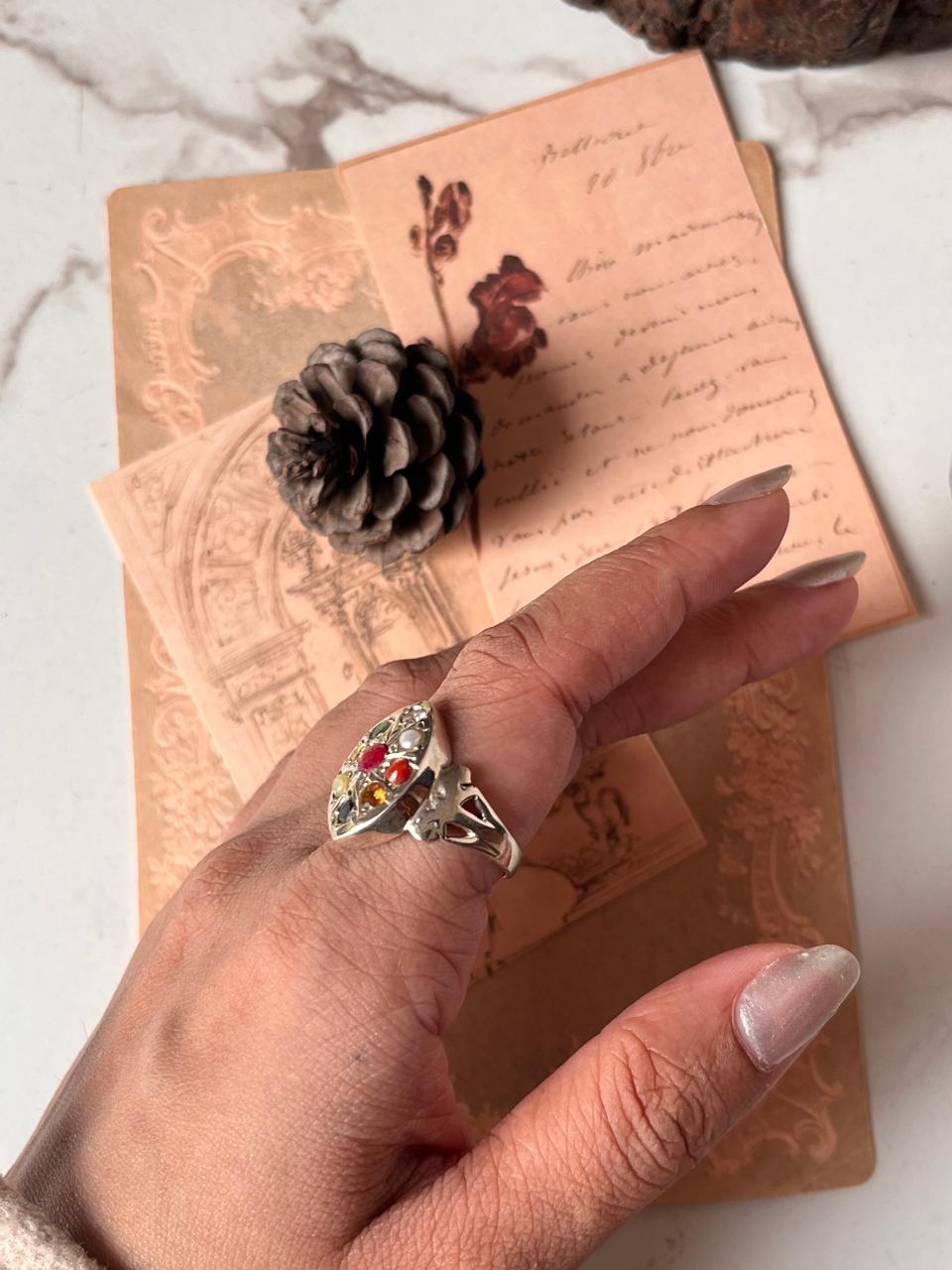 Boho Style Navratan Silver Ring with Nine Gemstones
