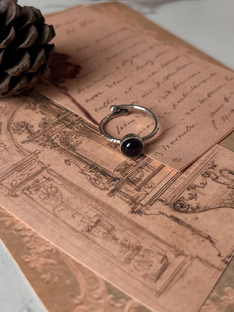 Silver Adjustable Ring with Round Amethyst and Tribal Engravings