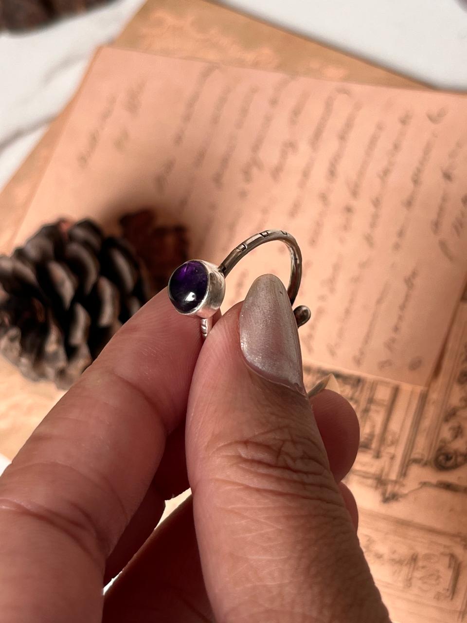 Amethyst Round Tribal Engraved Adjustable Silver Ring