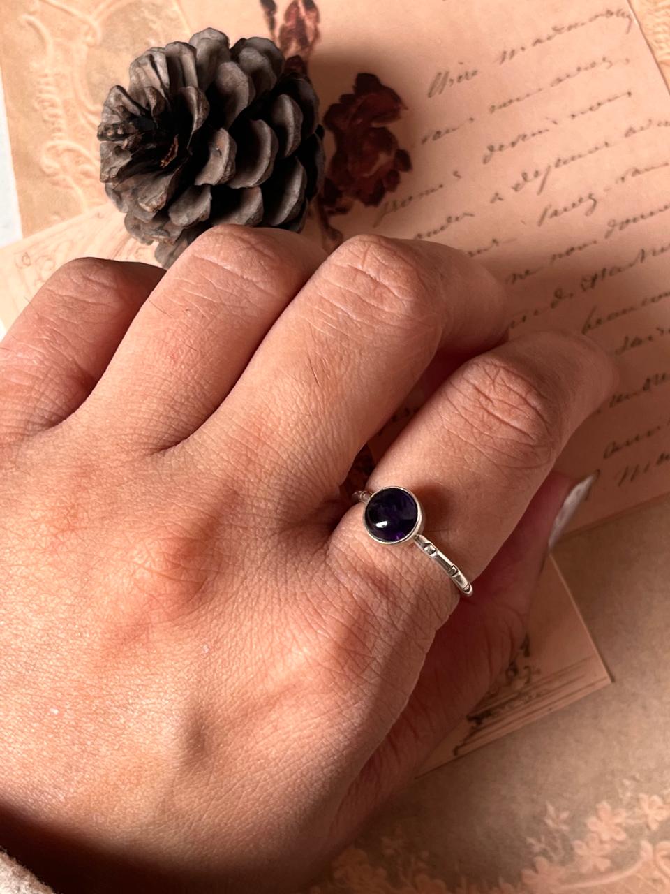 Sterling Silver Adjustable Ring with Round Amethyst and Tribal Detailing