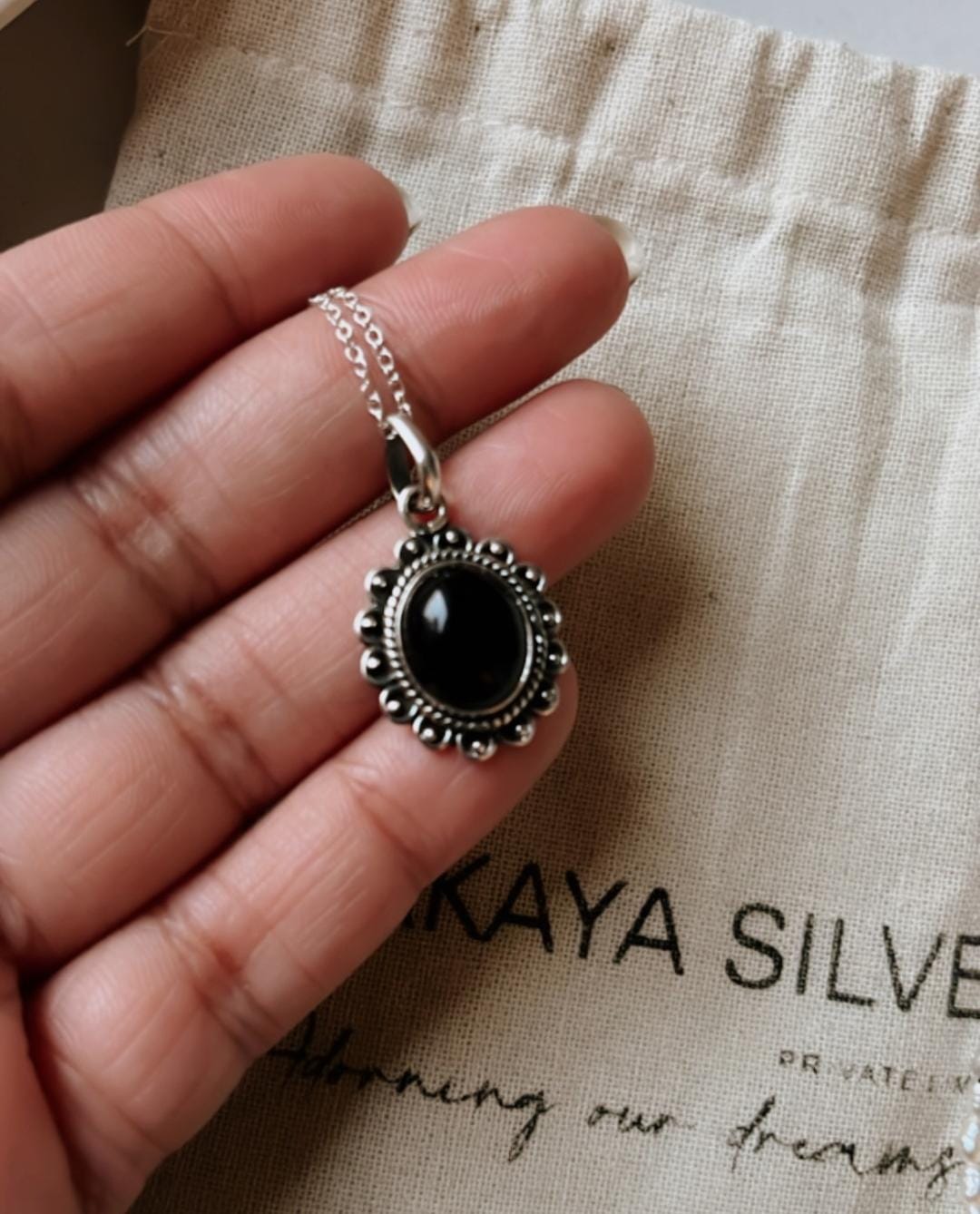 Black Onyx Gemstone Antique Silver Pendant