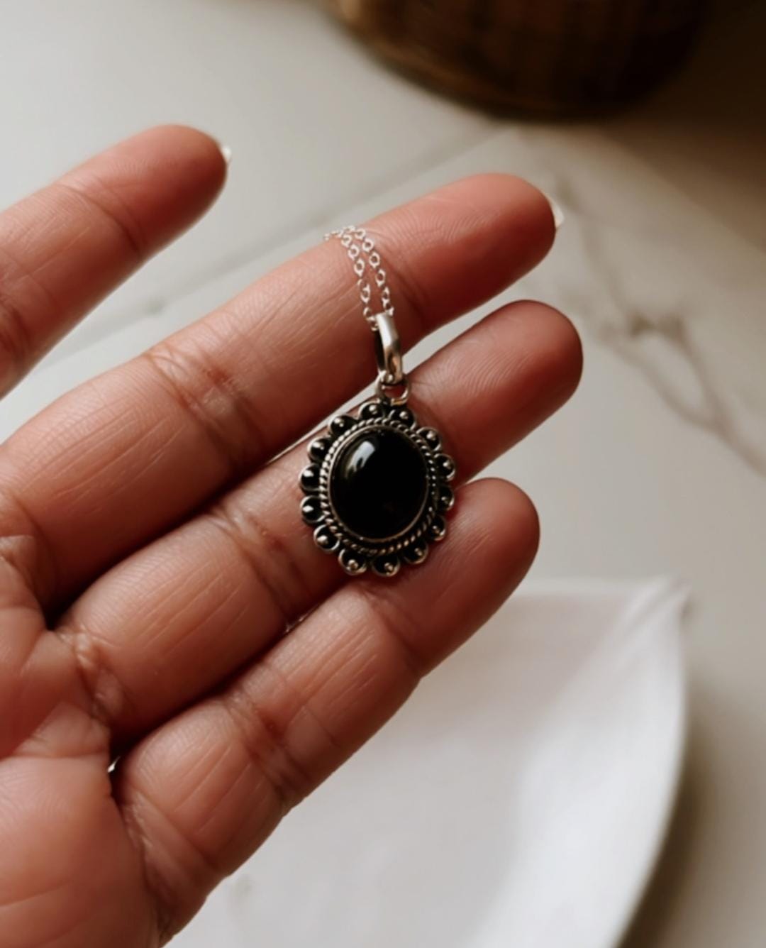 Unique Black Onyx Antique Silver Pendant