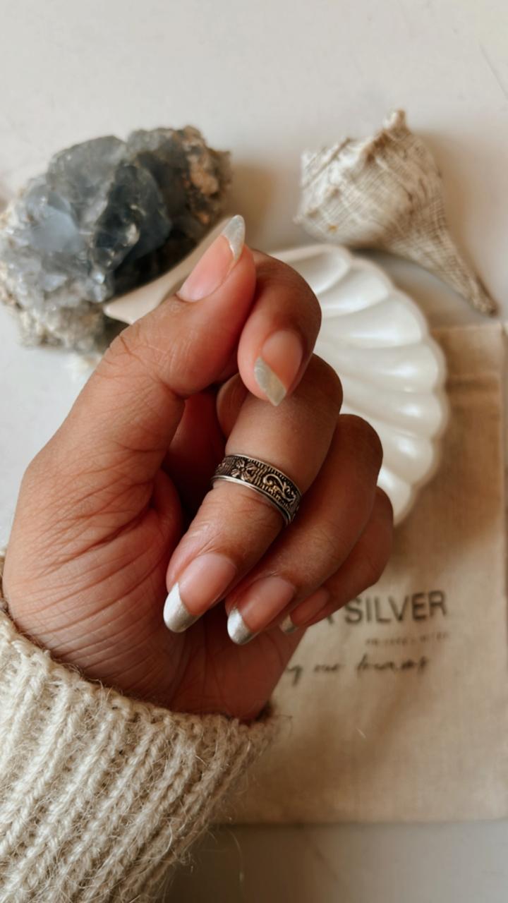Handcrafted Flower Garden Silver Ring for Mid and Little Finger