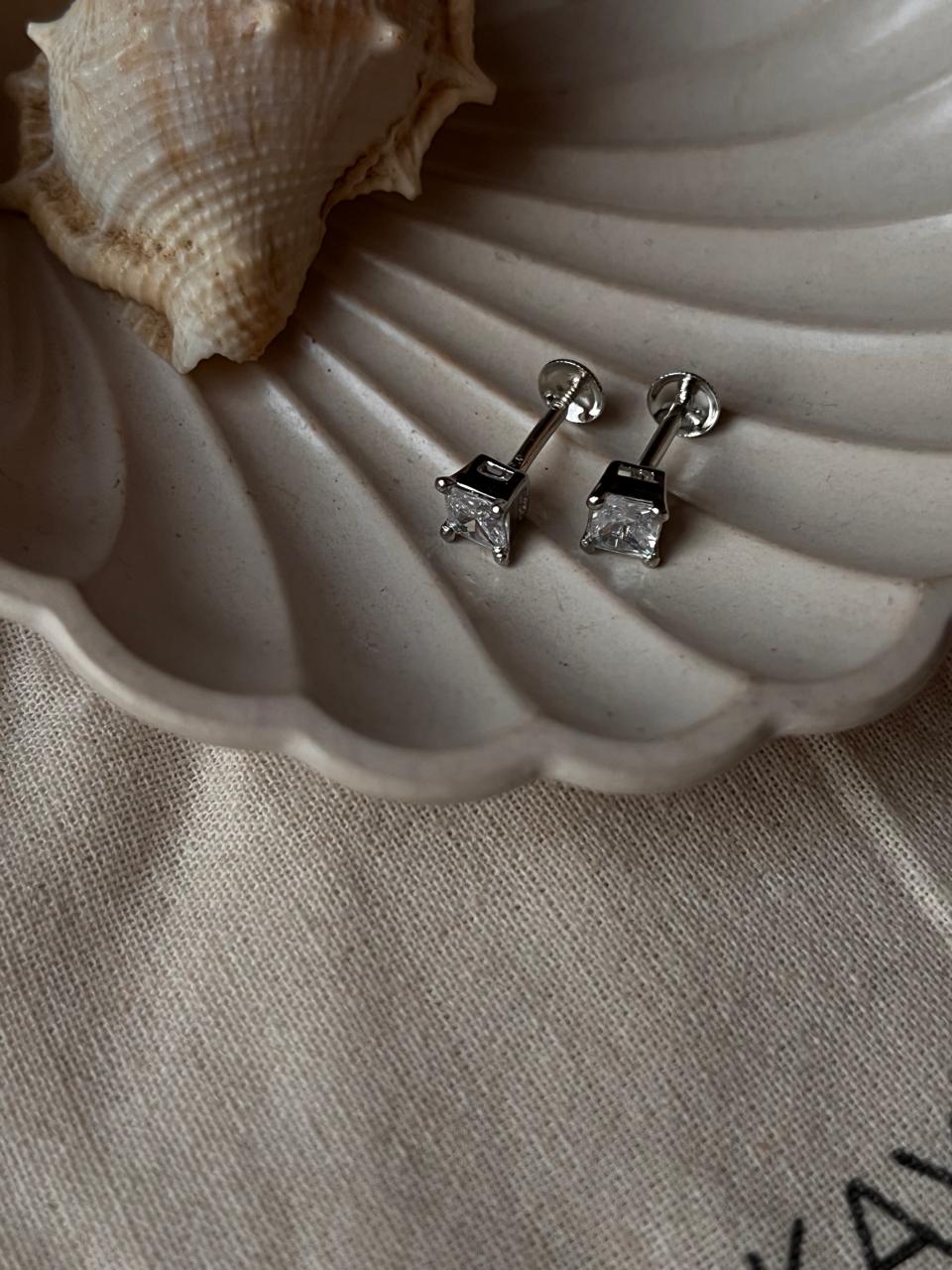 5MM South Screw Cz Square Silver Stud Earrings