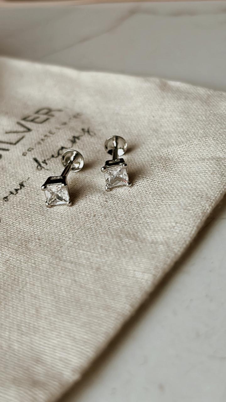 South Screw 5MM Cz Square Silver Stud Earrings