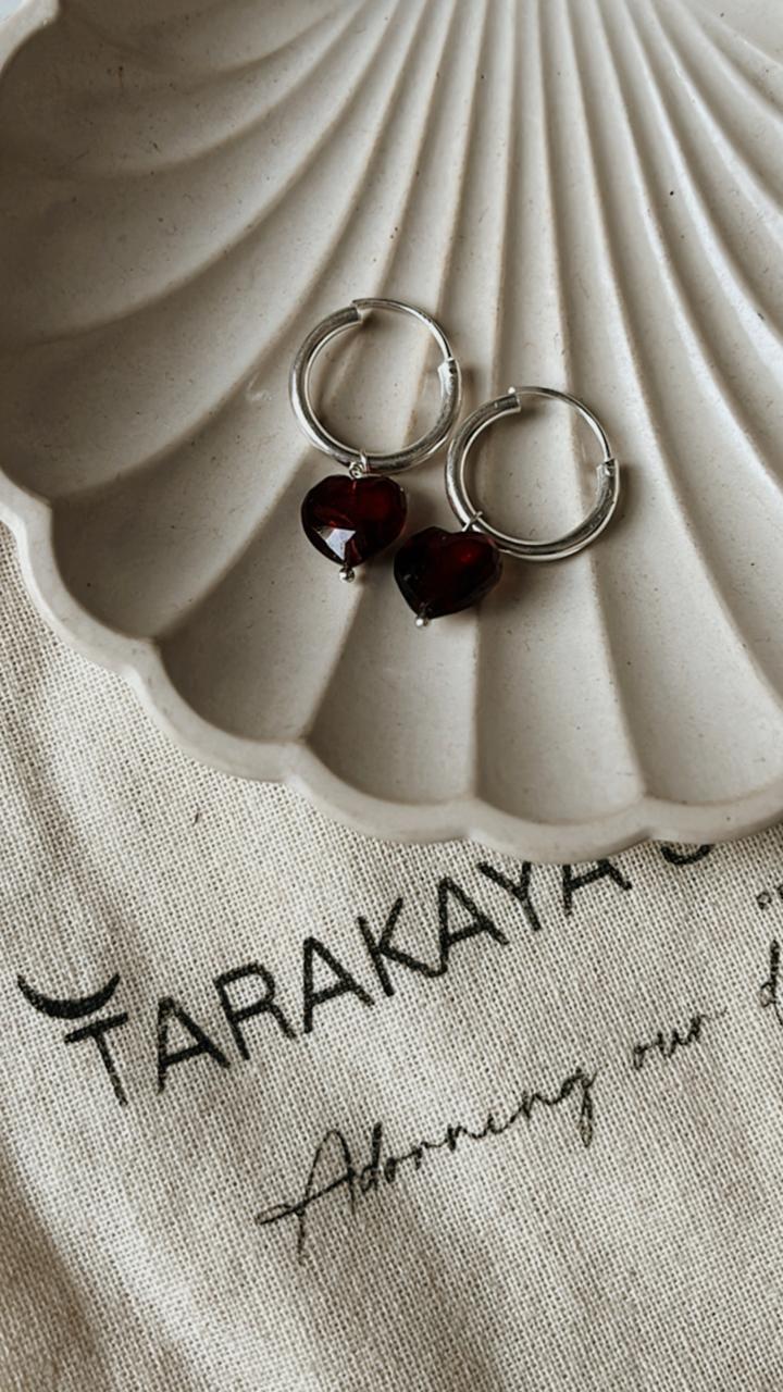 925 Silver Hoops with Garnet Heart Design