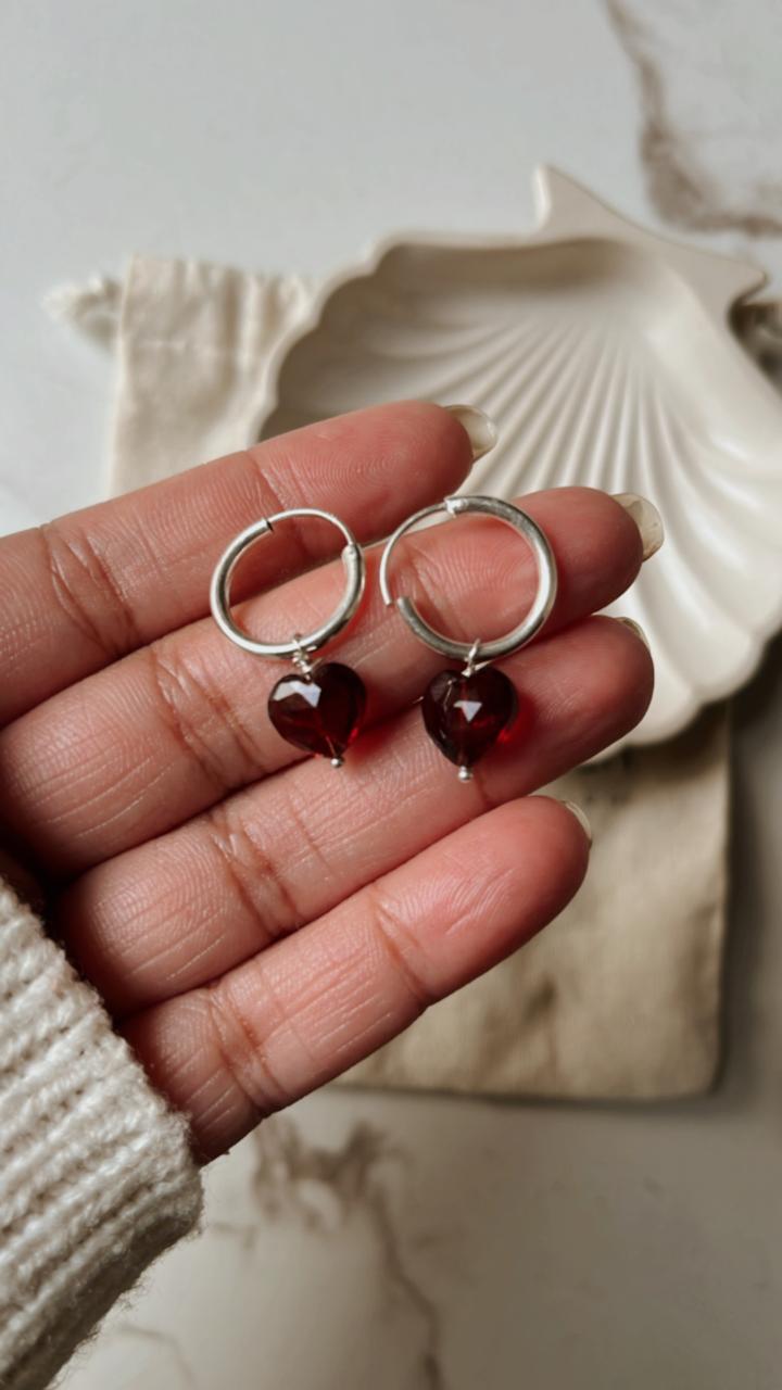 Elegant Garnet Heart 925 Silver Hoop Earrings