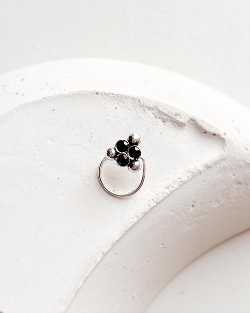 Tribal Rawa Black CZ Stone Wired Back Silver Nose Pin with intricate tribal design