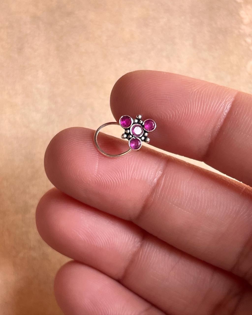 925 sterling silver nose pin with pink CZ gemstone and tribal rawa pattern