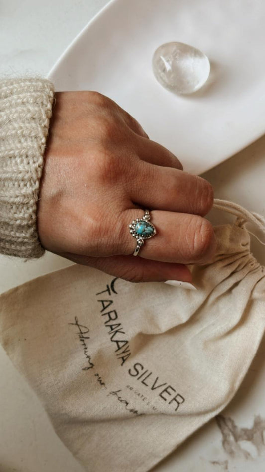 Handmade Turquoise Pear Silver Ring with copper detailing