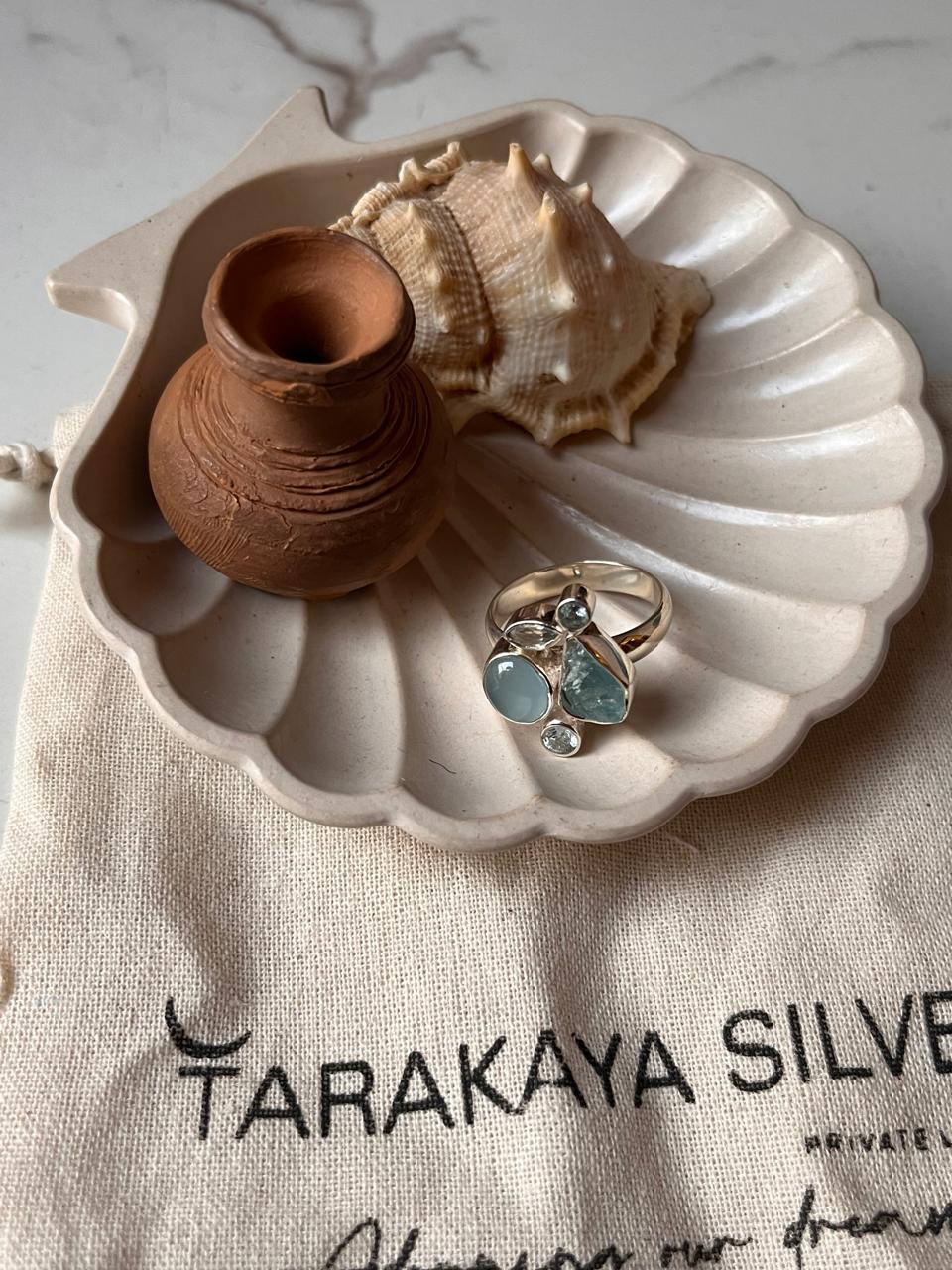 Aquamarine and blue topaz cluster ring with silver band