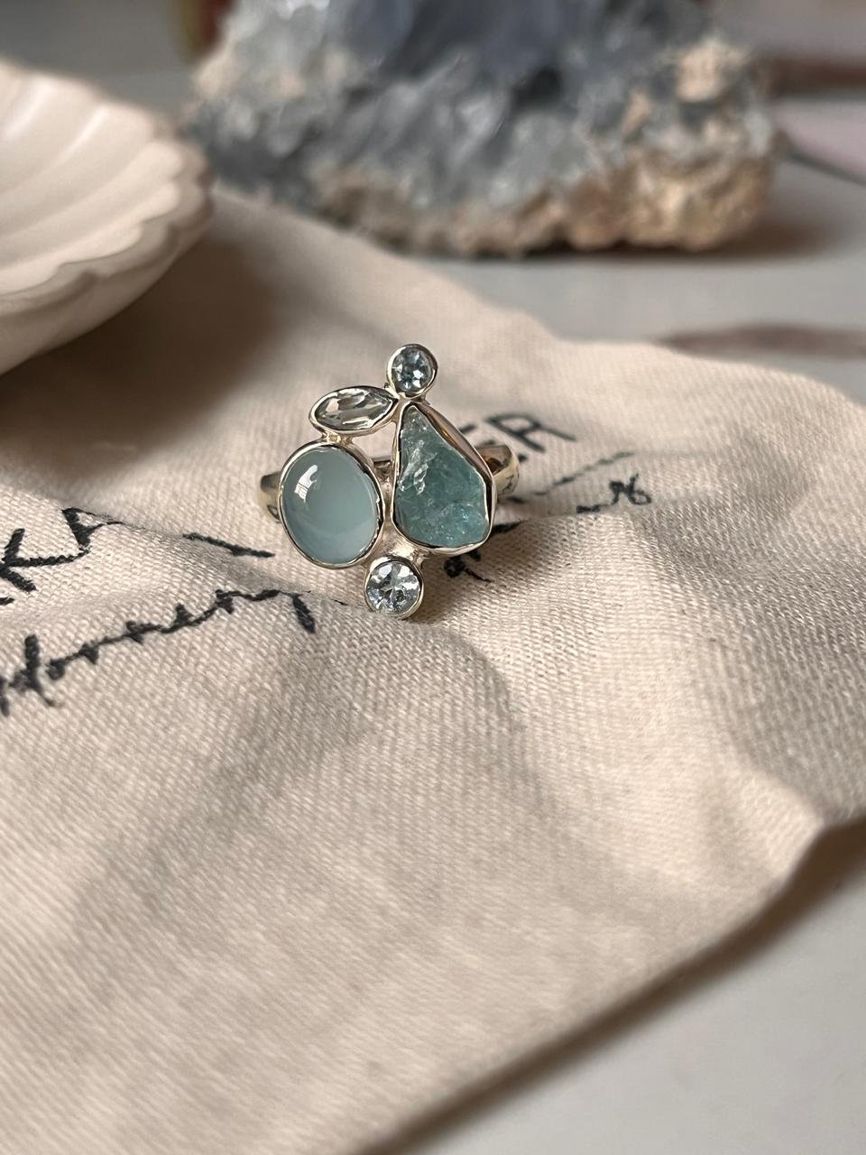 925 silver ring with aquamarine and blue topaz gemstone cluster
