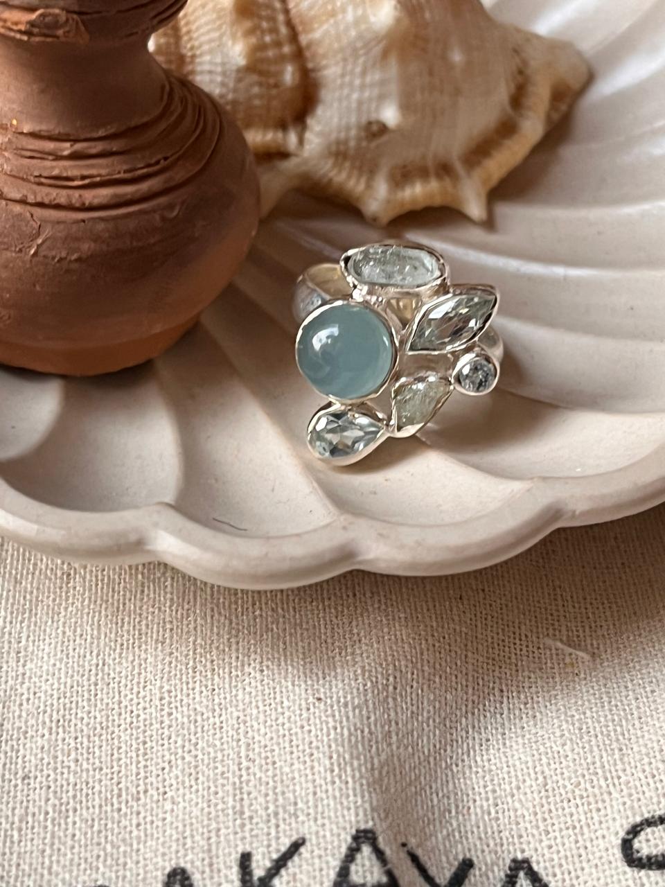 Handcrafted aquamarine and blue topaz cluster ring with stones