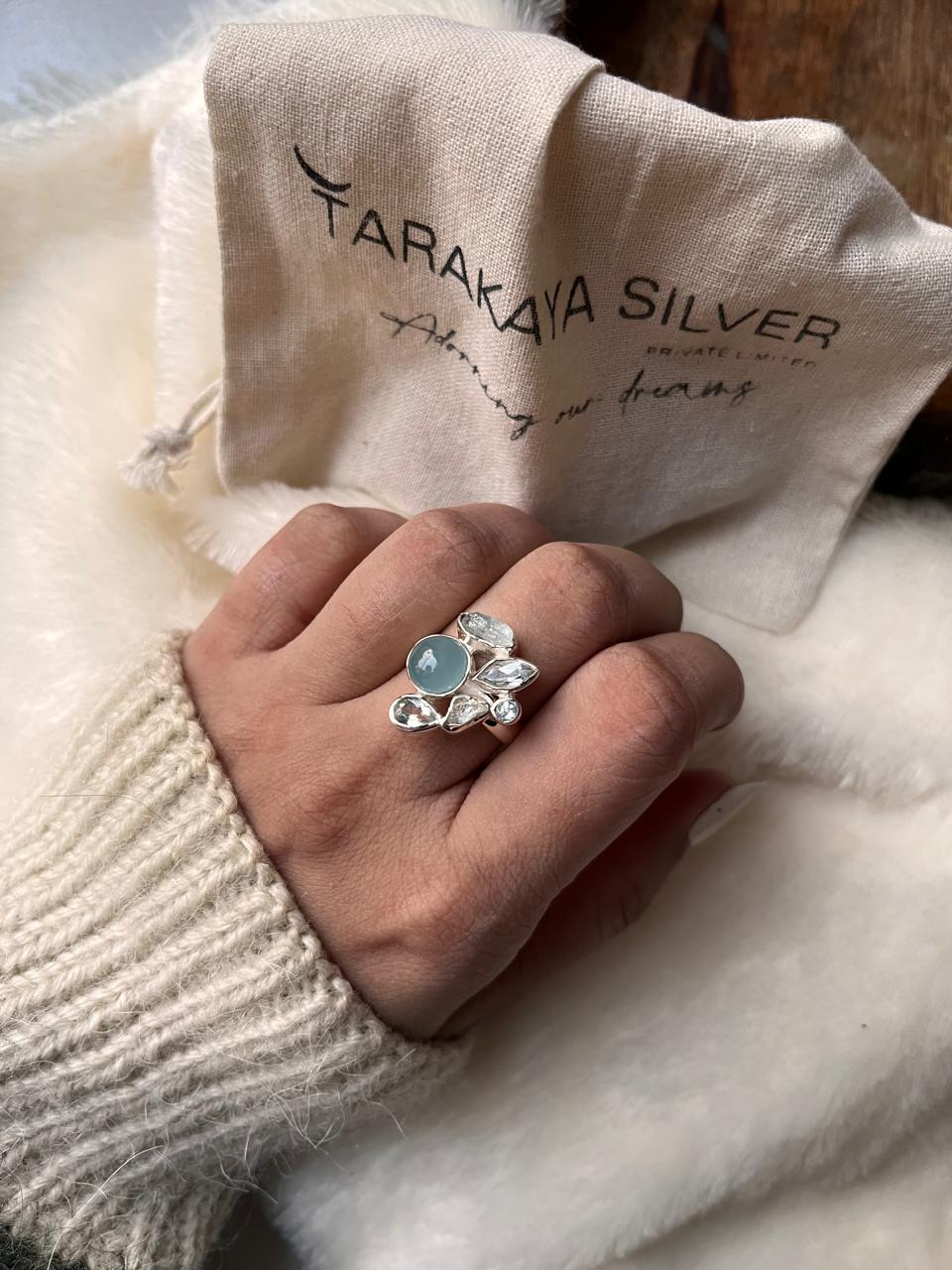 Sterling silver ring with aquamarine and blue topaz cluster design