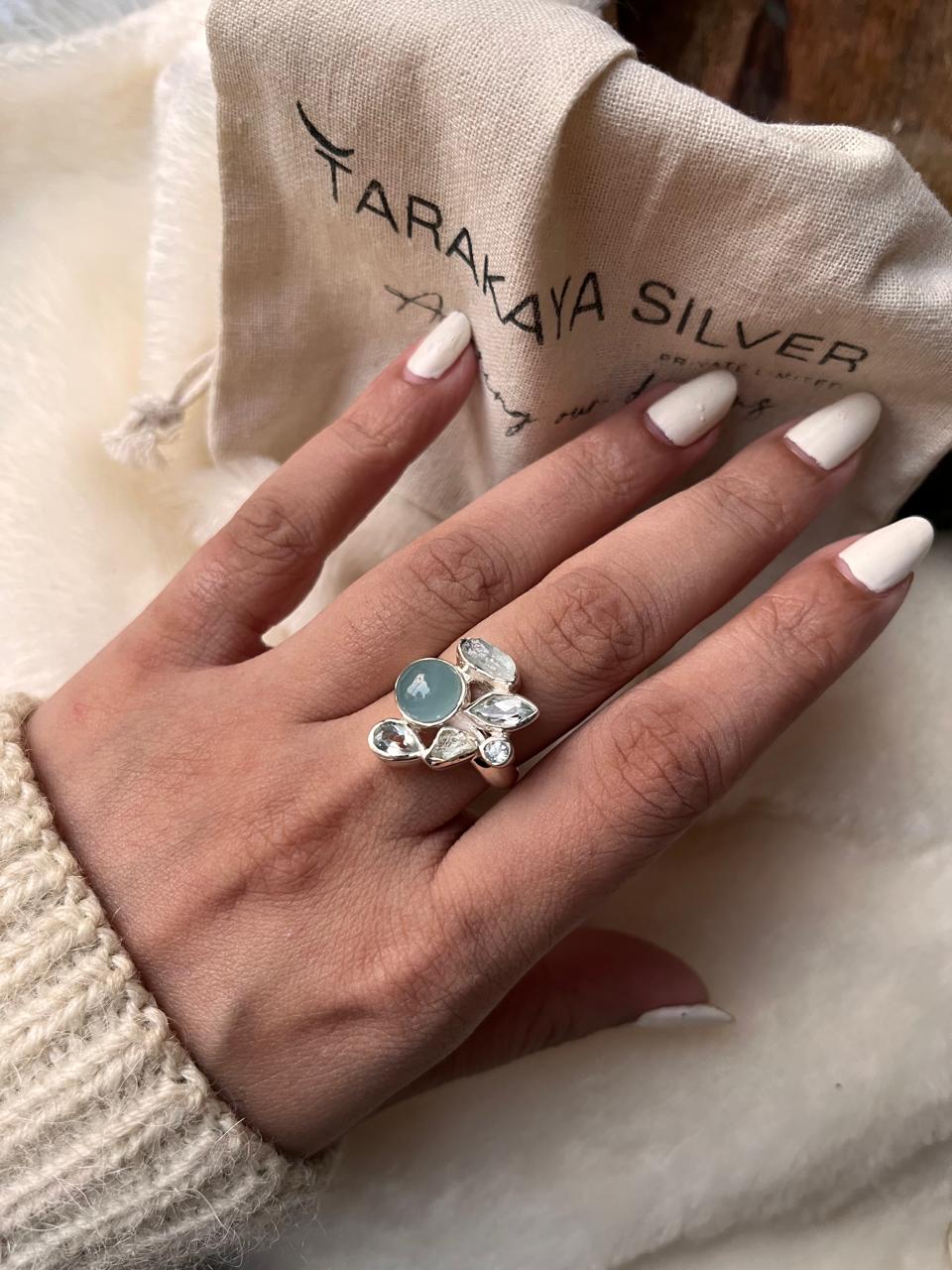 Aquamarine & Blue Topaz Cluster 3 Silver Ring
