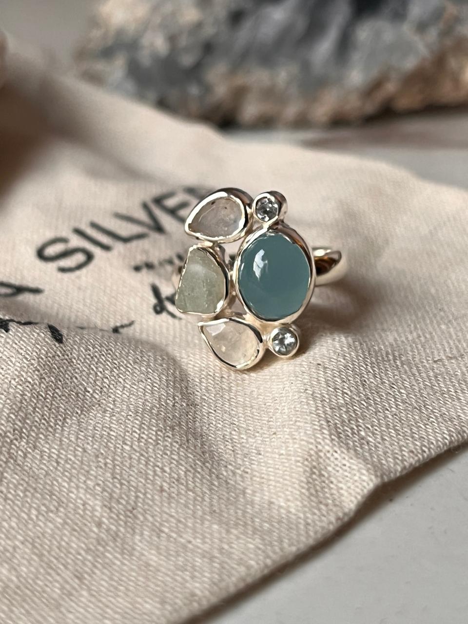 Aquamarine , Blue Topaz & Moonstone Cluster Silver Ring