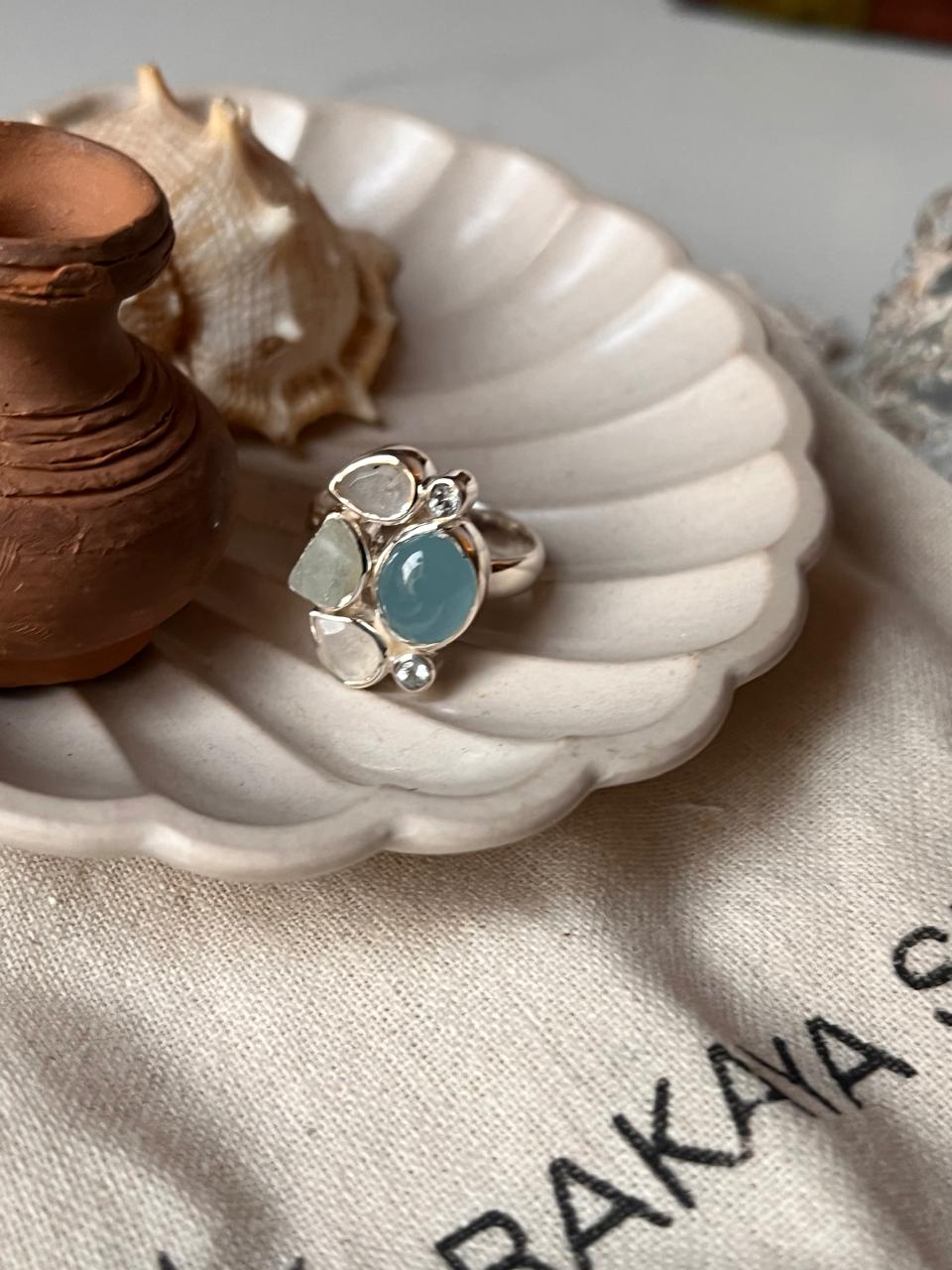 925 silver ring with aquamarine, blue topaz, and moonstone cluster