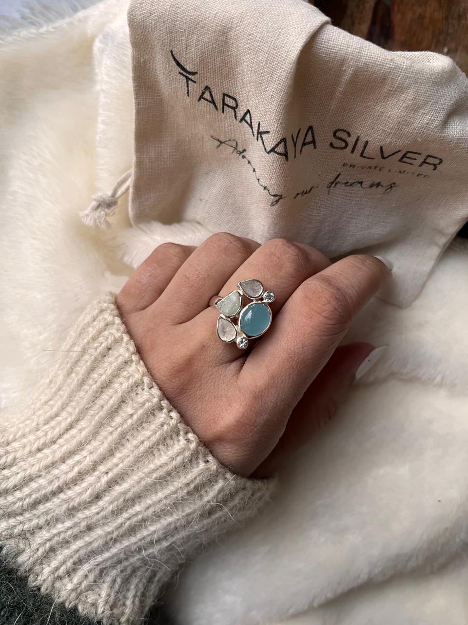 Aquamarine, blue topaz, and moonstone gemstone cluster ring in sterling silver