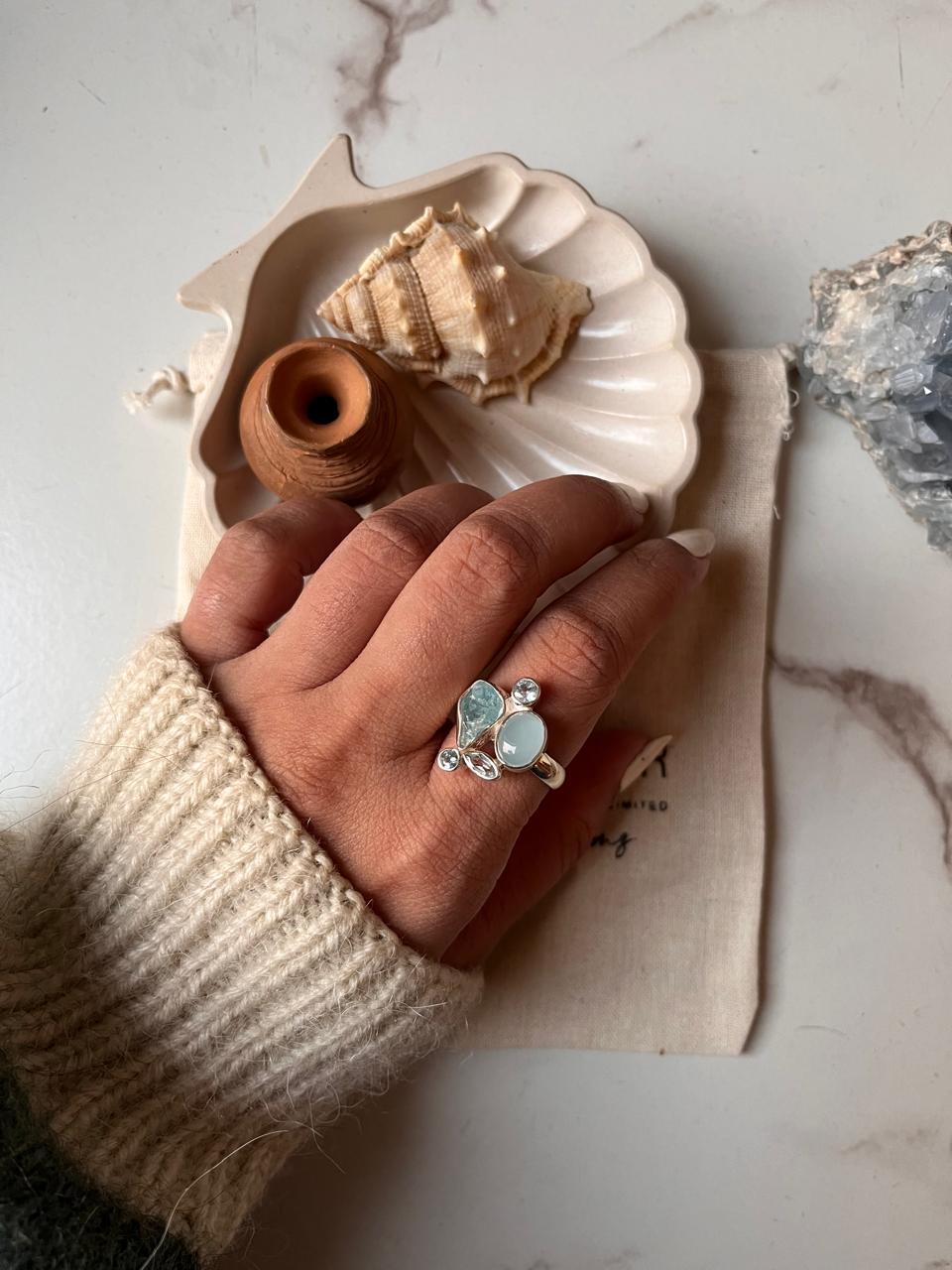 Cluster design aquamarine and blue topaz ring in sterling silver