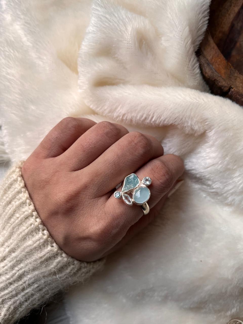 Elegant aquamarine and blue topaz cluster silver ring