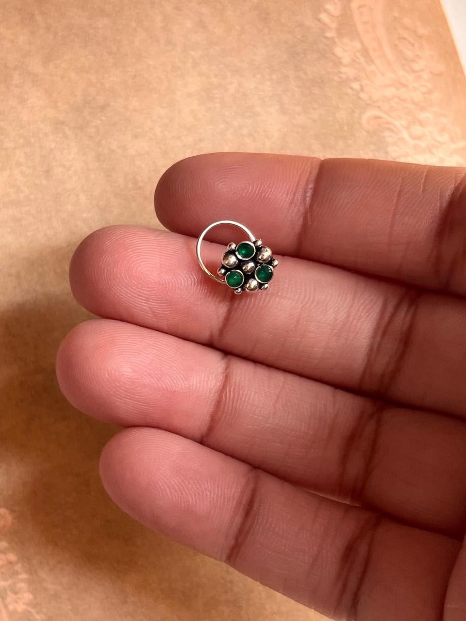 Tribal rawa green CZ stone wired back silver nose pin