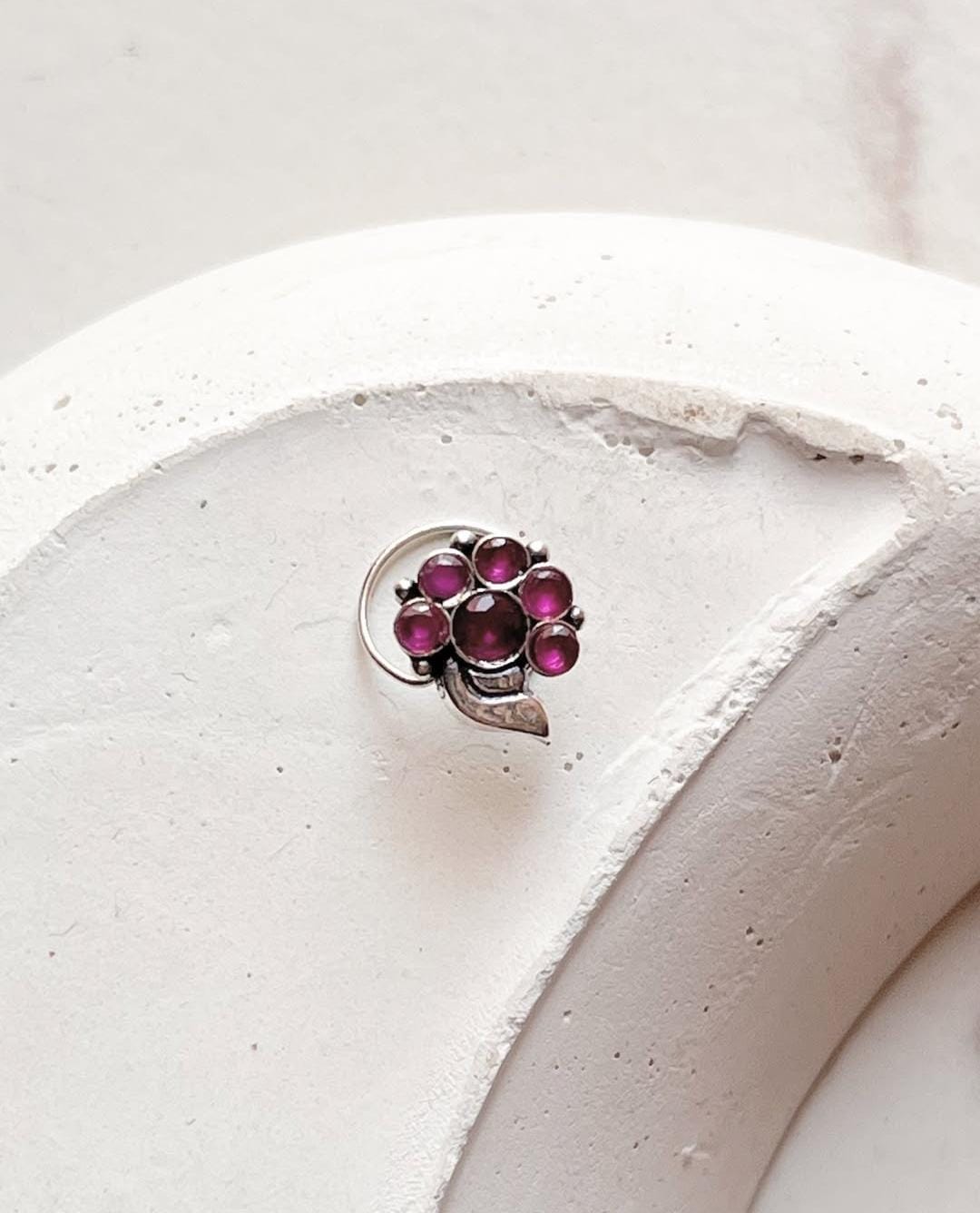 Tribal rawa pink CZ stone wired back silver nose pin