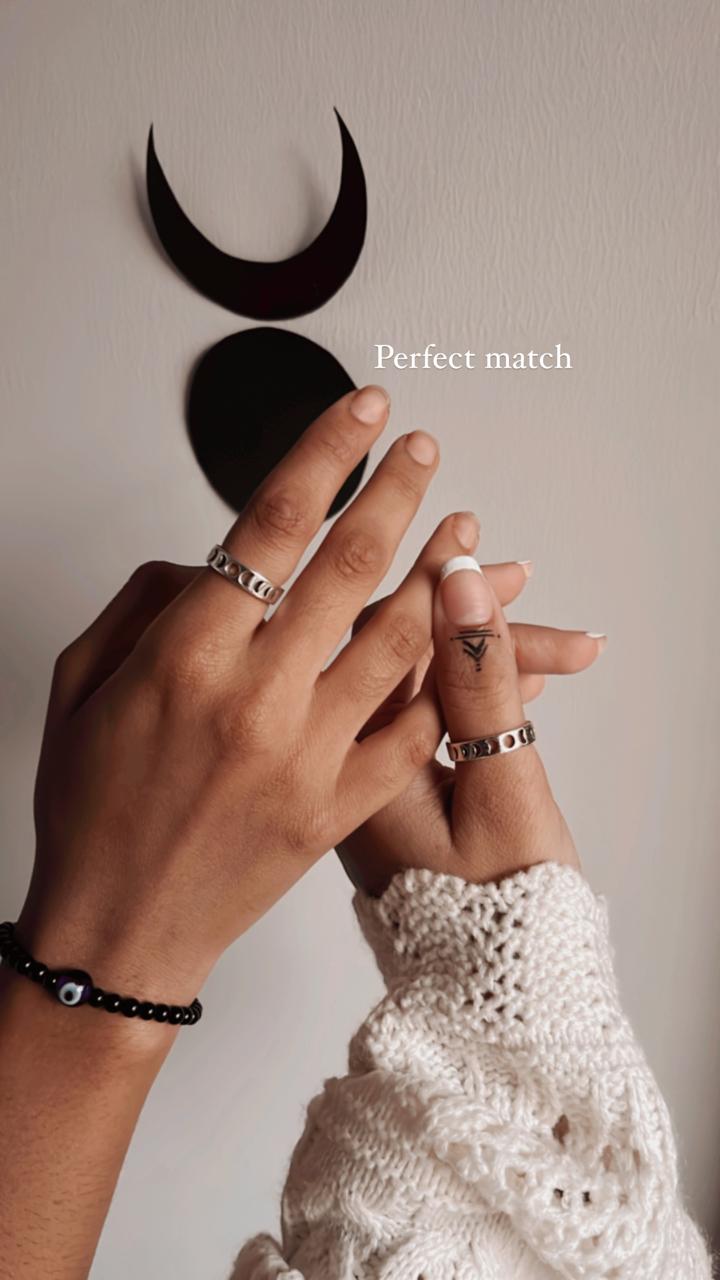 Moon phases couple ring set in 925 sterling silver