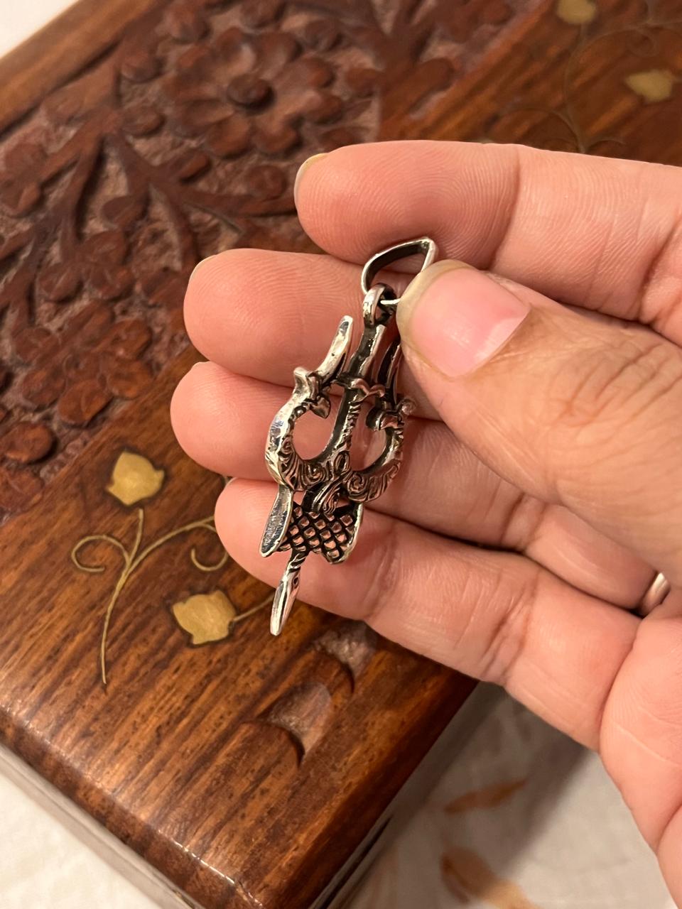 925 Silver Trishul Damru Pendant for Religious and Traditional Wear