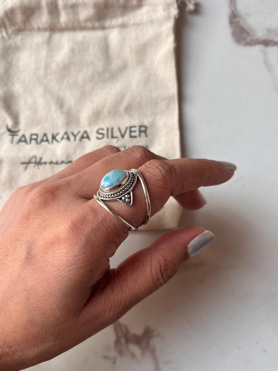 925 Silver Boho Ring with Large Oval Larimar Gemstone