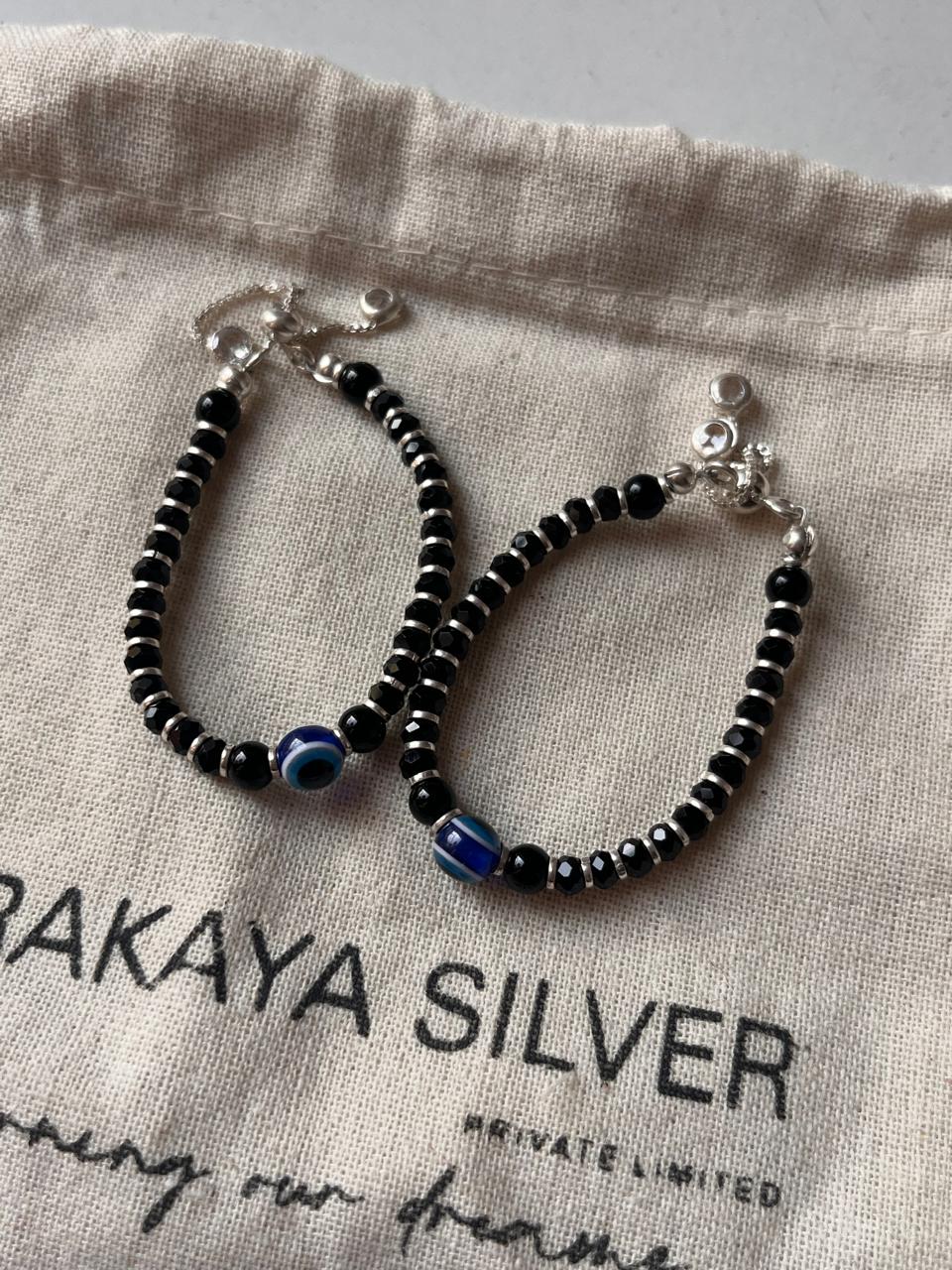 925 Silver Adjustable Evil Eye & Black Bead Nazariya for Children