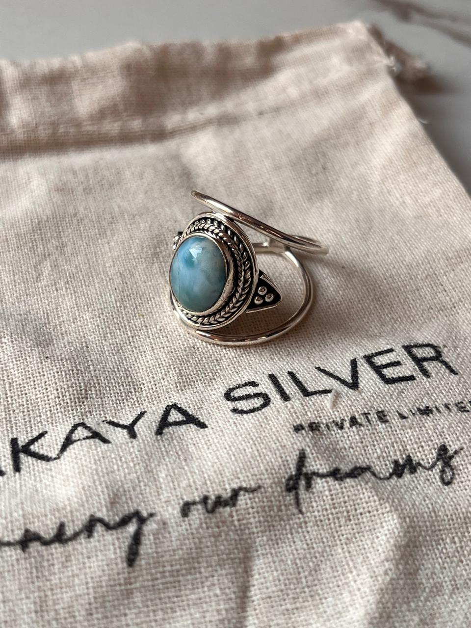 Elegant Larimar Oval 925 Silver Boho Ring for Women