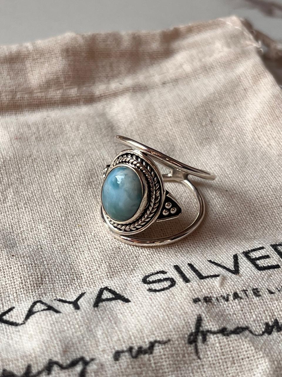 925 Silver Boho Statement Ring with Oval Larimar Gemstone