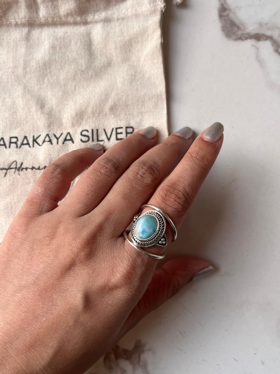 Larimar Oval Boho Statement 925 Silver Ring
