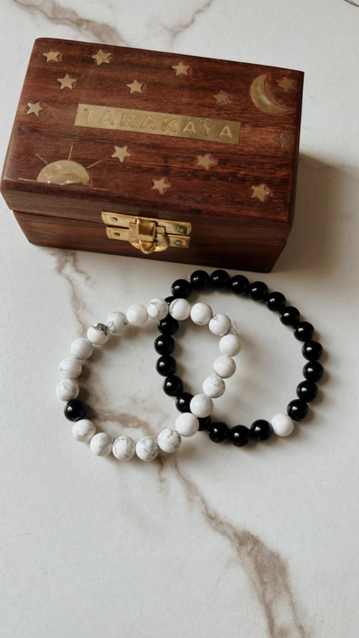 Handcrafted Howlite and Black Tourmaline 8mm bracelet for couples