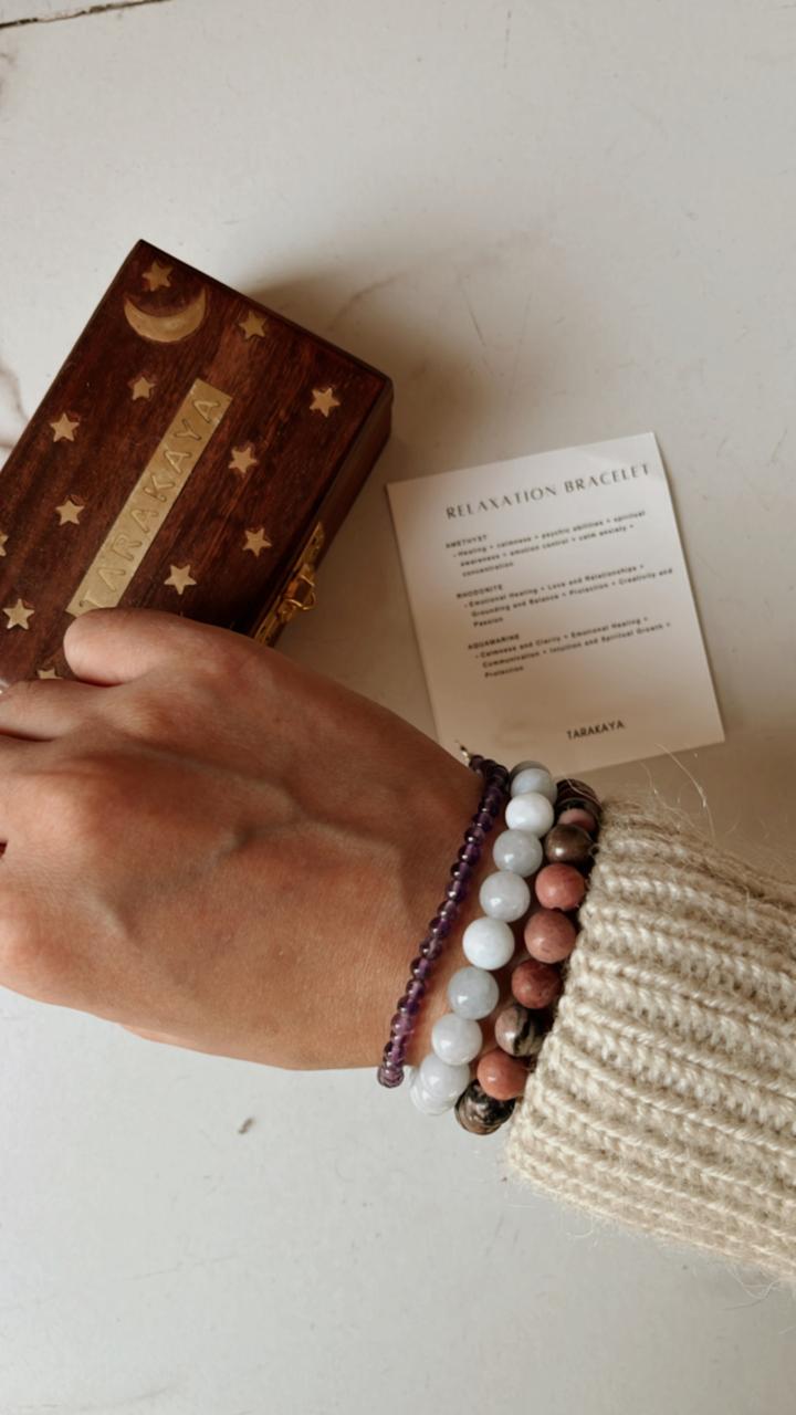 Rhodonite, Aquamarine, and Amethyst 8mm and 4mm crystal bracelet for tranquility and calm